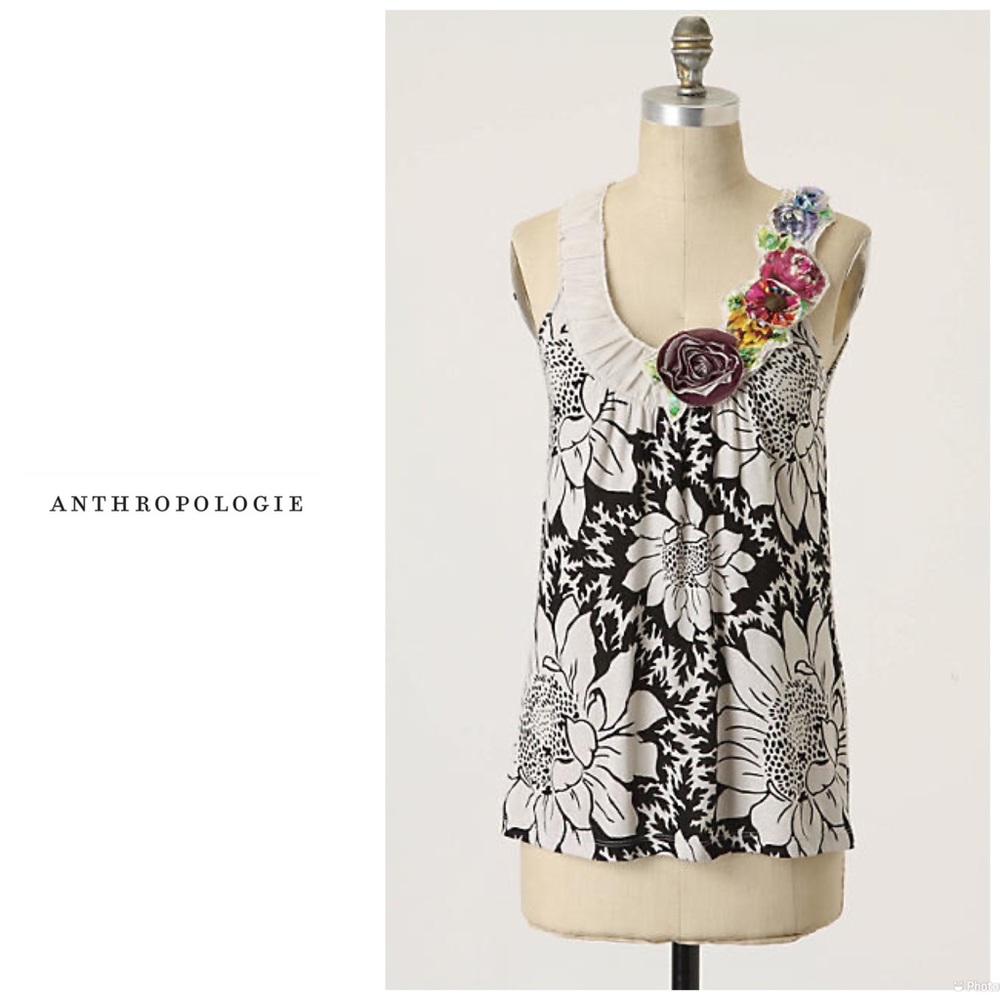 Anthropologie Black and White Floral Top with Colorful Accents